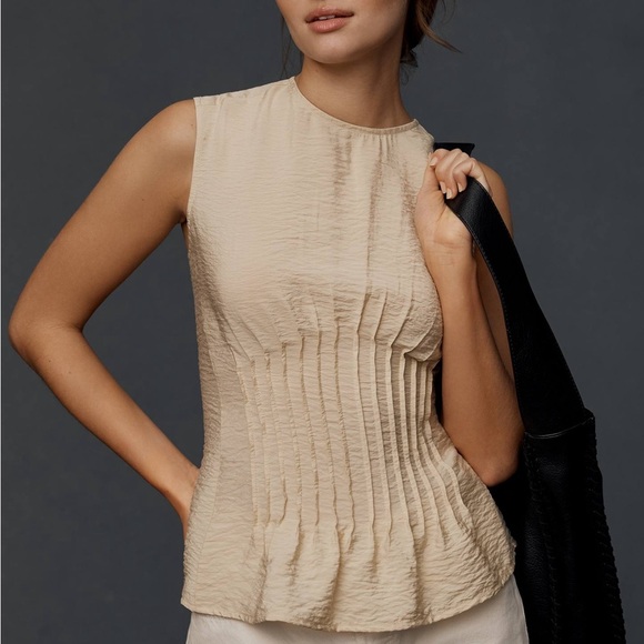 Anthropologie Tan Pleated Smocked Blouse - Picture 7 of 9